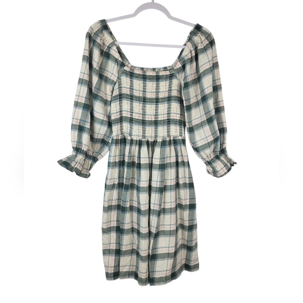 Madewell Lucie Elbow Sleeve Smocked Mini Dress in Lebaum Plaid Small